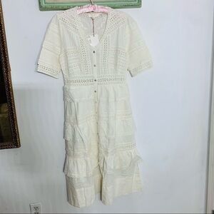 LoveShackFancy Rebecca Embroidered Lace Eyelet Tiered Ruffle Midi Short medium